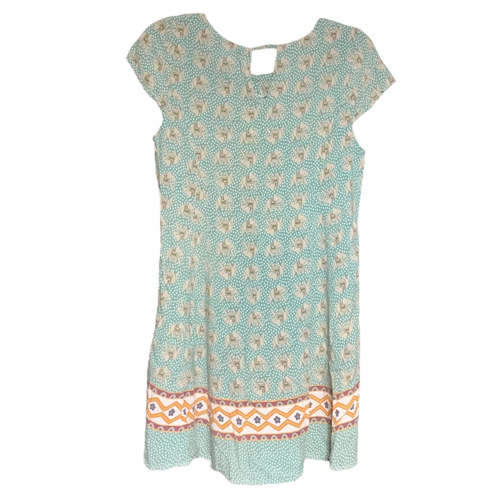 Women’s Hem & Mint Green Thread Boho Elephant Geometric Border Hem Rayon Dress S